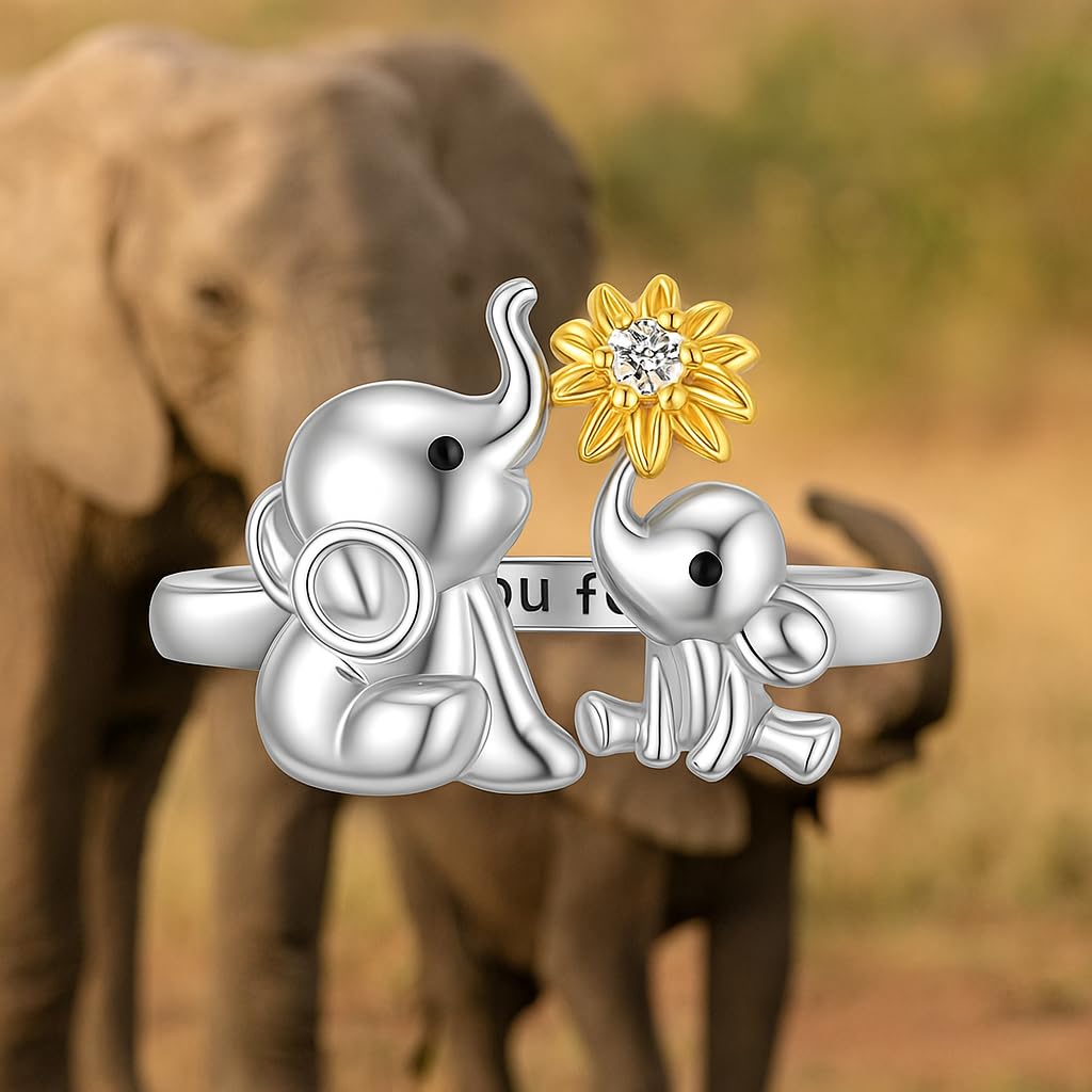 Elephant with Flower Stainless Steel Ring - Cute Flower Design, Stainless Steel - Elephant Jewelry Gift