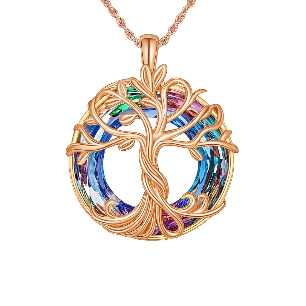 SUPAC Tree of Life Swing, Sloth, Horse + Other Styles Pendant Necklace, Silver Chain, Crystal Rainbow Background - Gift for Friends (Rose Gold Tree of Life)