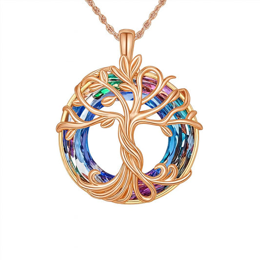 SUPAC Tree of Life Swing, Sloth, Horse + Other Styles Pendant Necklace, Silver Chain, Crystal Rainbow Background - Gift for Friends (Rose Gold Tree of Life)