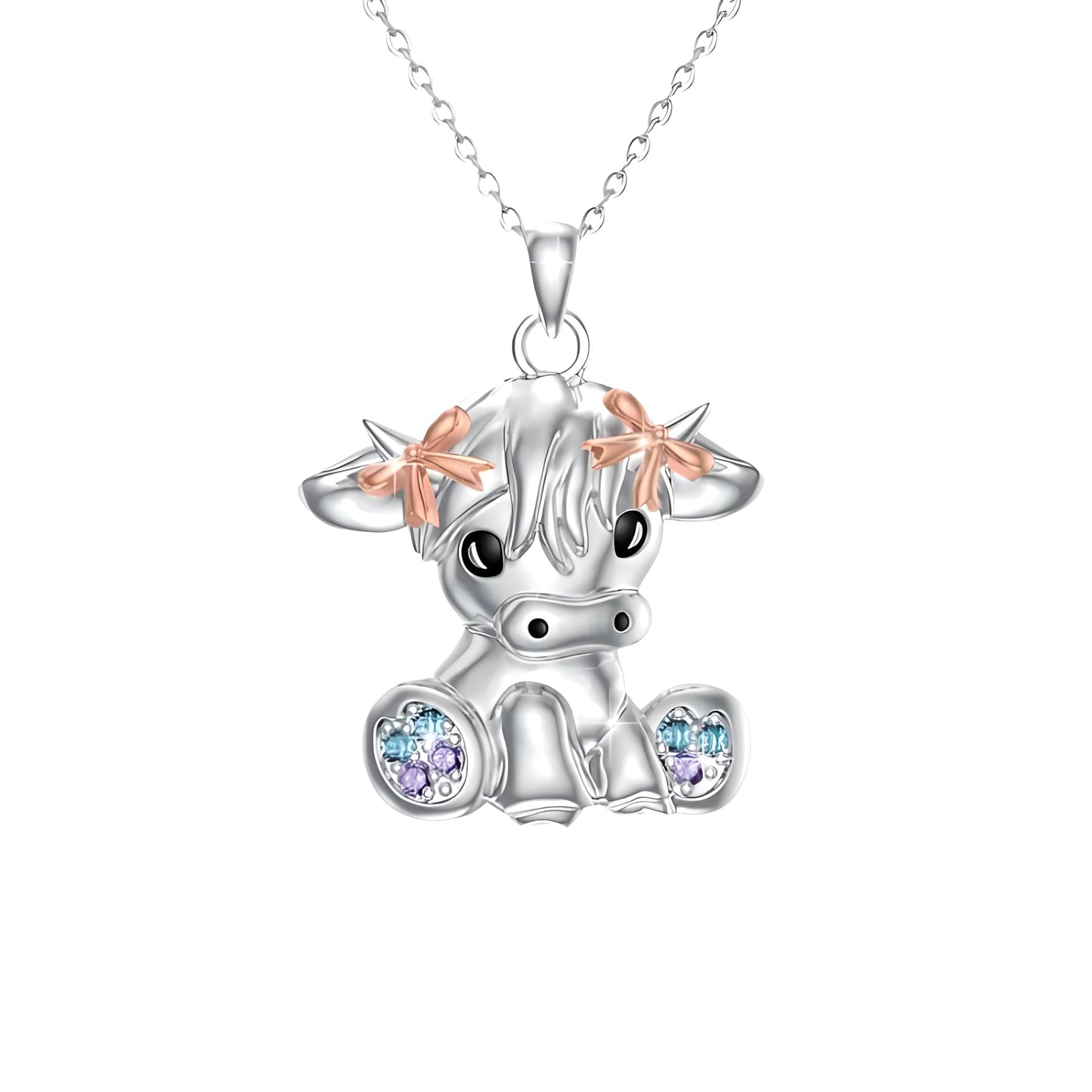 Stainless Steel Cow Pendant Necklace, Crystal Accents, Rose Gold Bows, 17.6 inch Chain