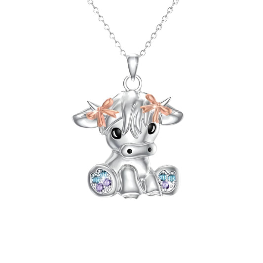 Stainless Steel Cow Pendant Necklace, Crystal Accents, Rose Gold Bows, 17.6 inch Chain