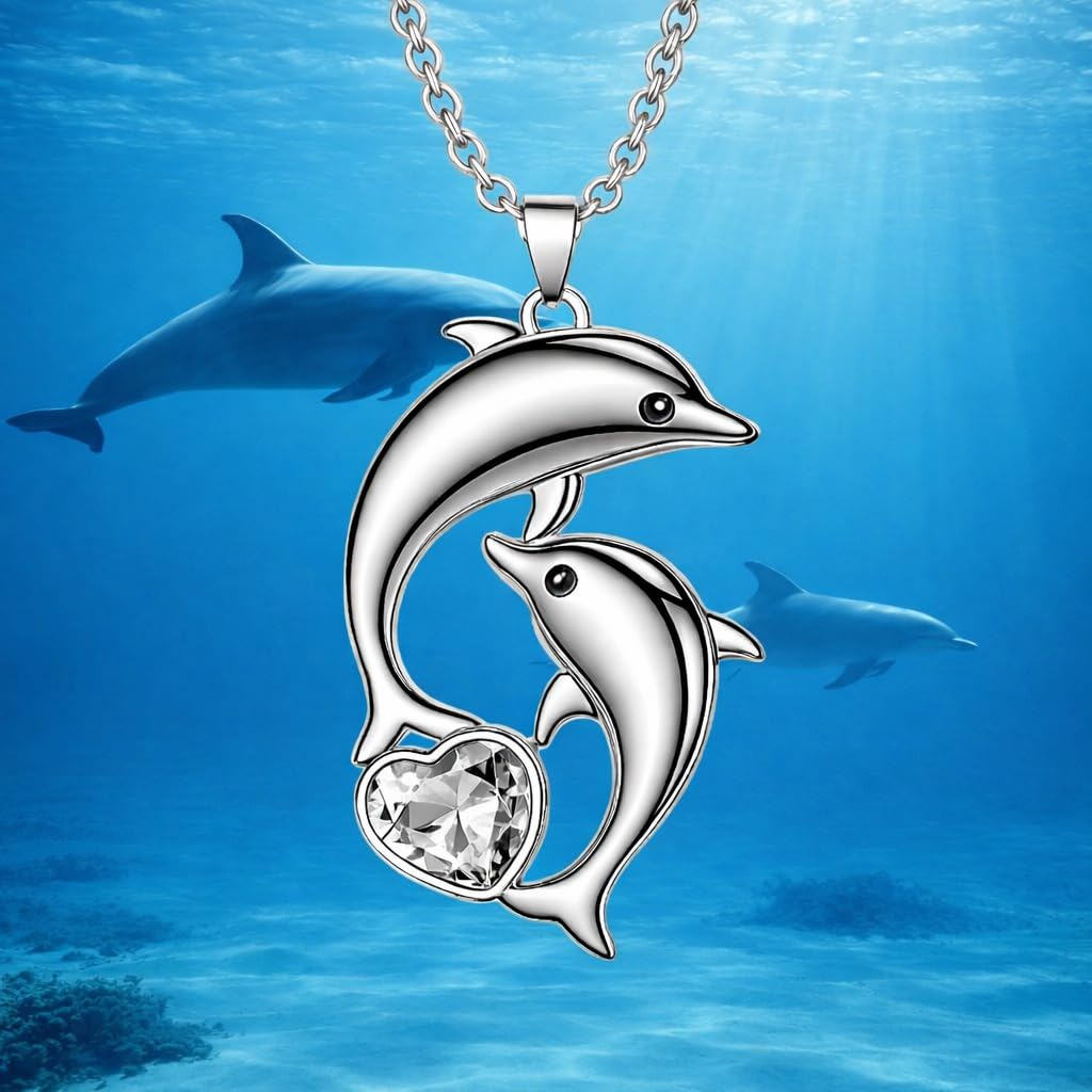 SUPAC Fashion Dolphin Necklace Heart-shaped Cubic Zirconia Decor Pendant Necklace, Cute Animal Dolphin Accessories - Christmas, Birthday Gift