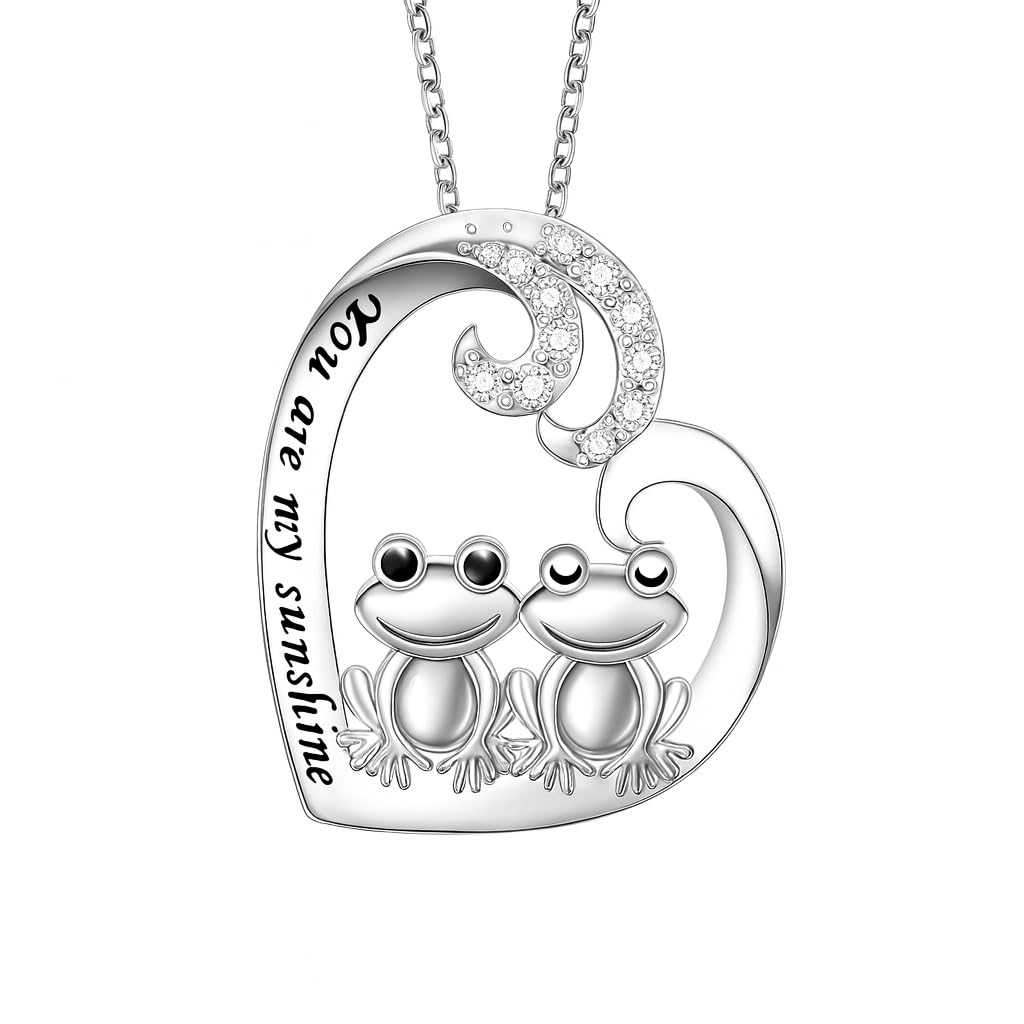 Cute Frog Couple Heart Pendant Necklace, Stainless Steel Chain 19.7 inch, Crystal Accent - Engraved 'You are my sunshine'
