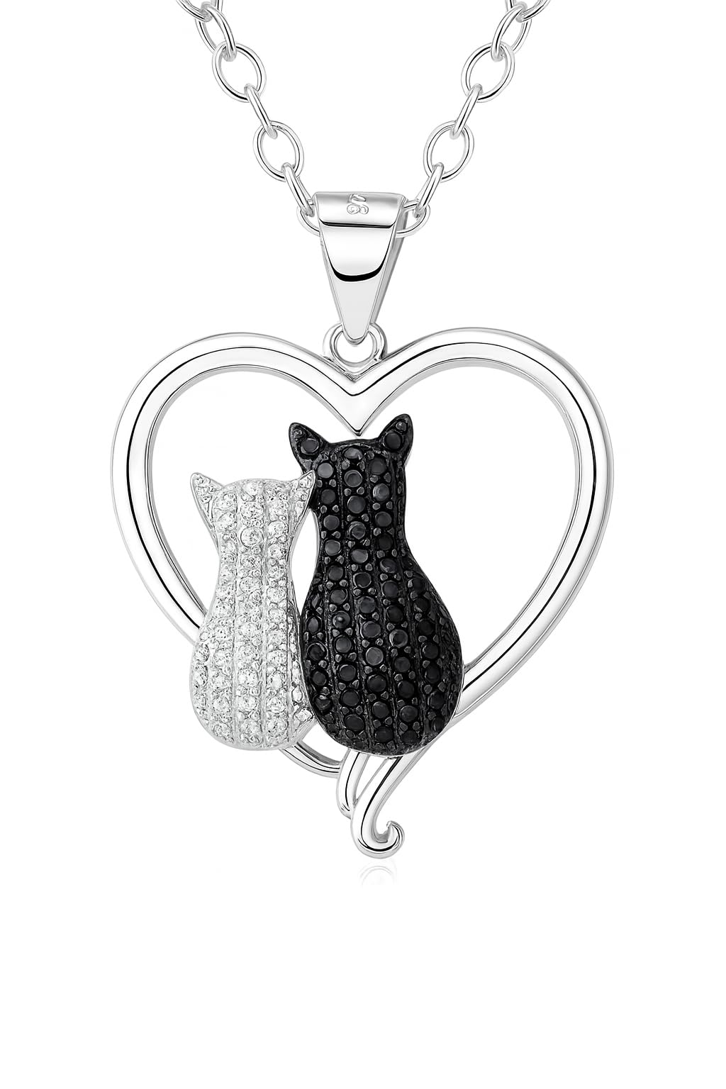 Stainless Steel Cat Moon Heart Star Flower Necklace with Crystal Pendant, 8 Designs - Cute Heart Necklace, With Black Cats, Charming in Rose Gold - Stylish Gift for Women & Party Accessory (Black and Silver Cat Bond)