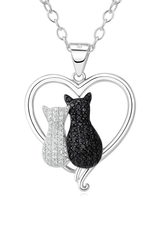 Stainless Steel Cat Moon Heart Star Flower Necklace with Crystal Pendant, 8 Designs - Cute Heart Necklace, With Black Cats, Charming in Rose Gold - Stylish Gift for Women & Party Accessory (Black and Silver Cat Bond)