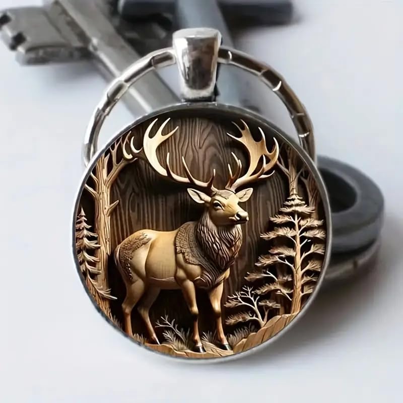 Mountain Sunset Stained Glass Art Keychain, Nature Scene Design, Round Pendant (Vintage Elk)