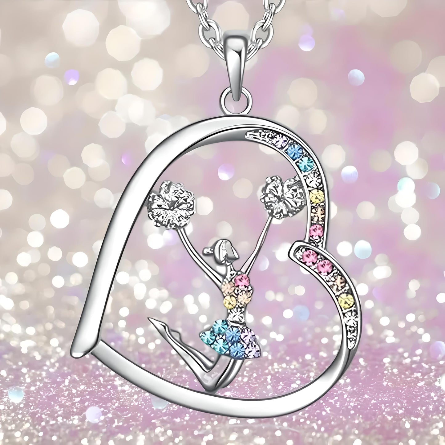 Sports Heart Necklace, 9 Different Sport Options: Basketball, Jumping Cheerleader, Gymnast, Softball, Volleyball, Ballet Ballerina, Runner, Sports Accessories Birthday Gift- Simulated Rainbow Diamonds, Christmas, Birthday or Party Gift