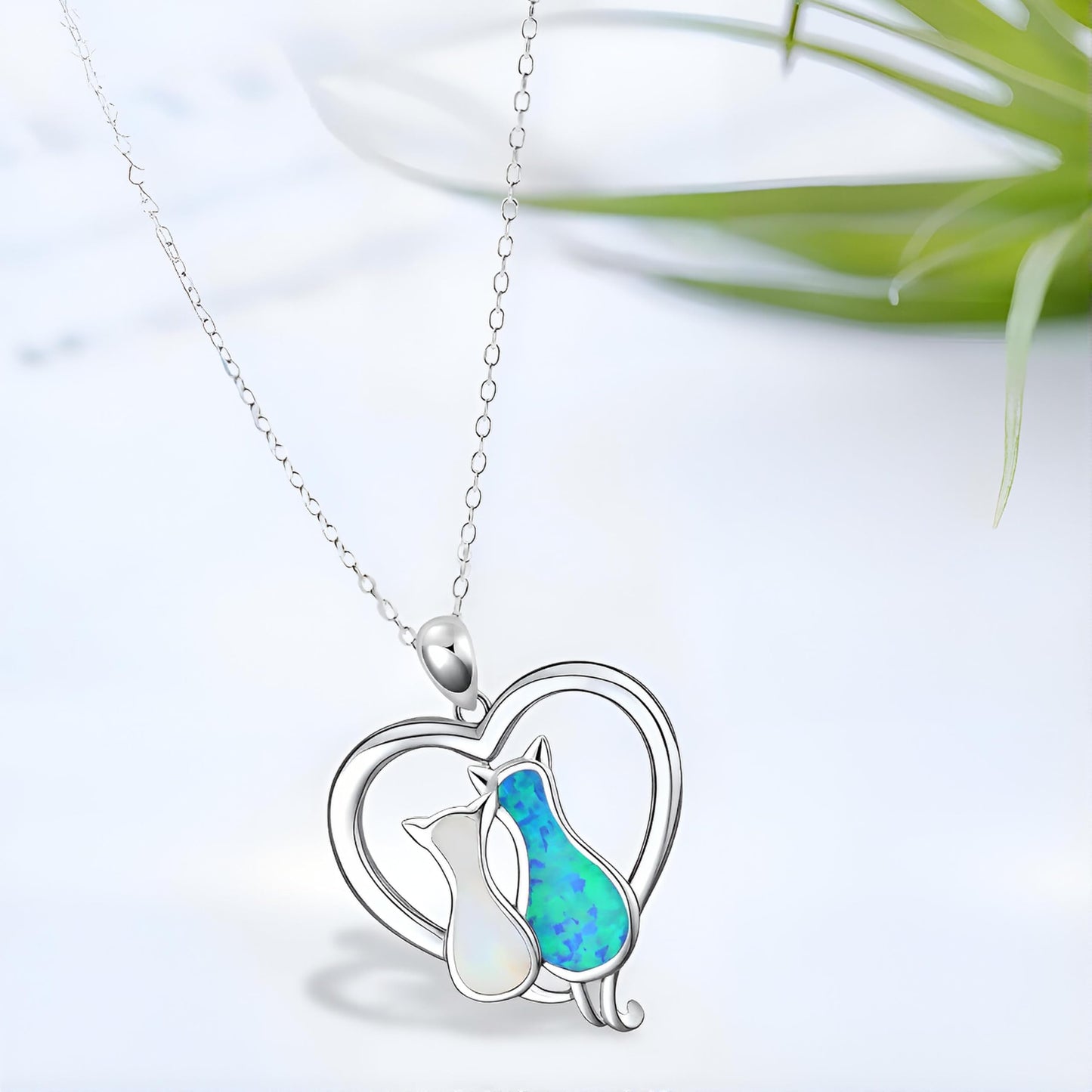 Cute Silver and Blue Turquoise Cat Heart Necklace - Stainless Steel Cat Design, Multi-Color Crystal (2 Cats)