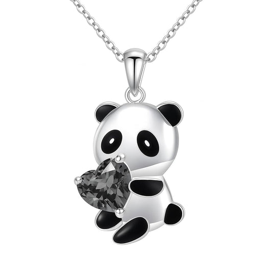 Cute Panda Heart Crystal Pendant Necklace, 17.7 inch Chain, Silver - 6+ Color Options