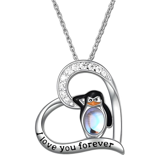 Sterling Silver Penguin Pendant Necklace with Opal Stone and CZ Accents, 'Love You Forever' Engraved - Happy Feet Penguin