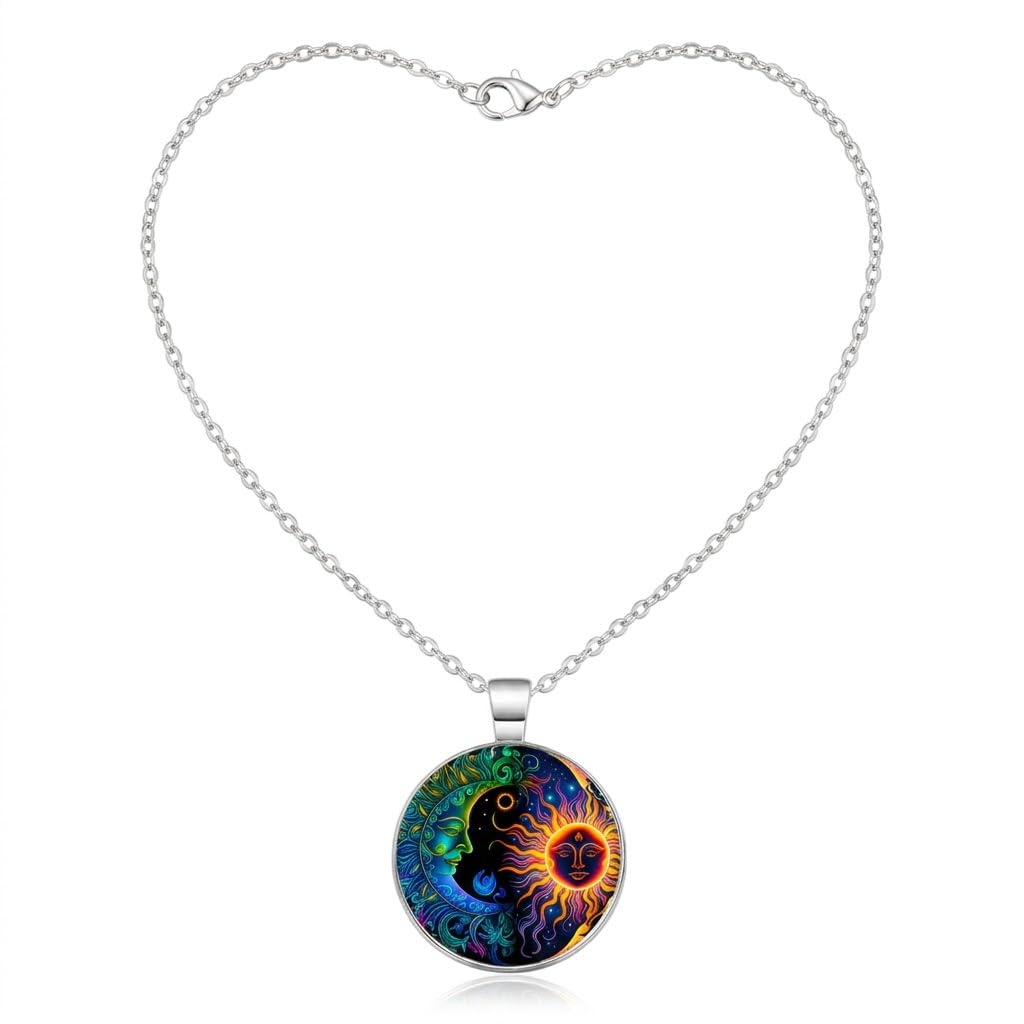 1pc Stunning Round Pendant Necklace - Unique Sun & Moon Pattern, Oil Painting Style Glass Mosaic, Alloy Construction, Trendy Sweater Chain, Fashionable Gift for Women - Christmas or Birthday Gift