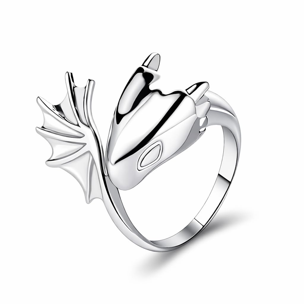 SUPAC Whimsical Silver Flying Dragon Ring - Unique Animal Shape Design, Adjustable Index Finger Ring for Men or Women, Cute Personality Statement Jewelry, Niche Fashion Accessory