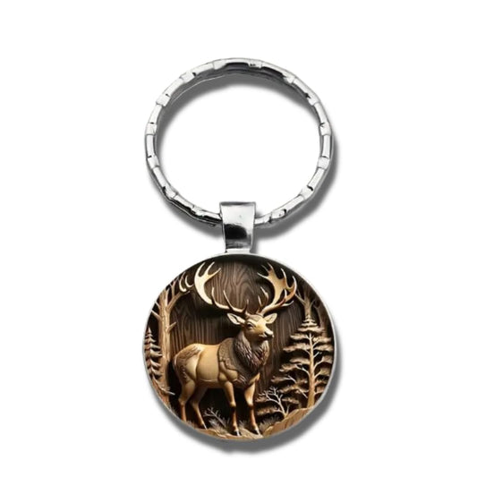 Mountain Sunset Stained Glass Art Keychain, Nature Scene Design, Round Pendant (Vintage Elk)