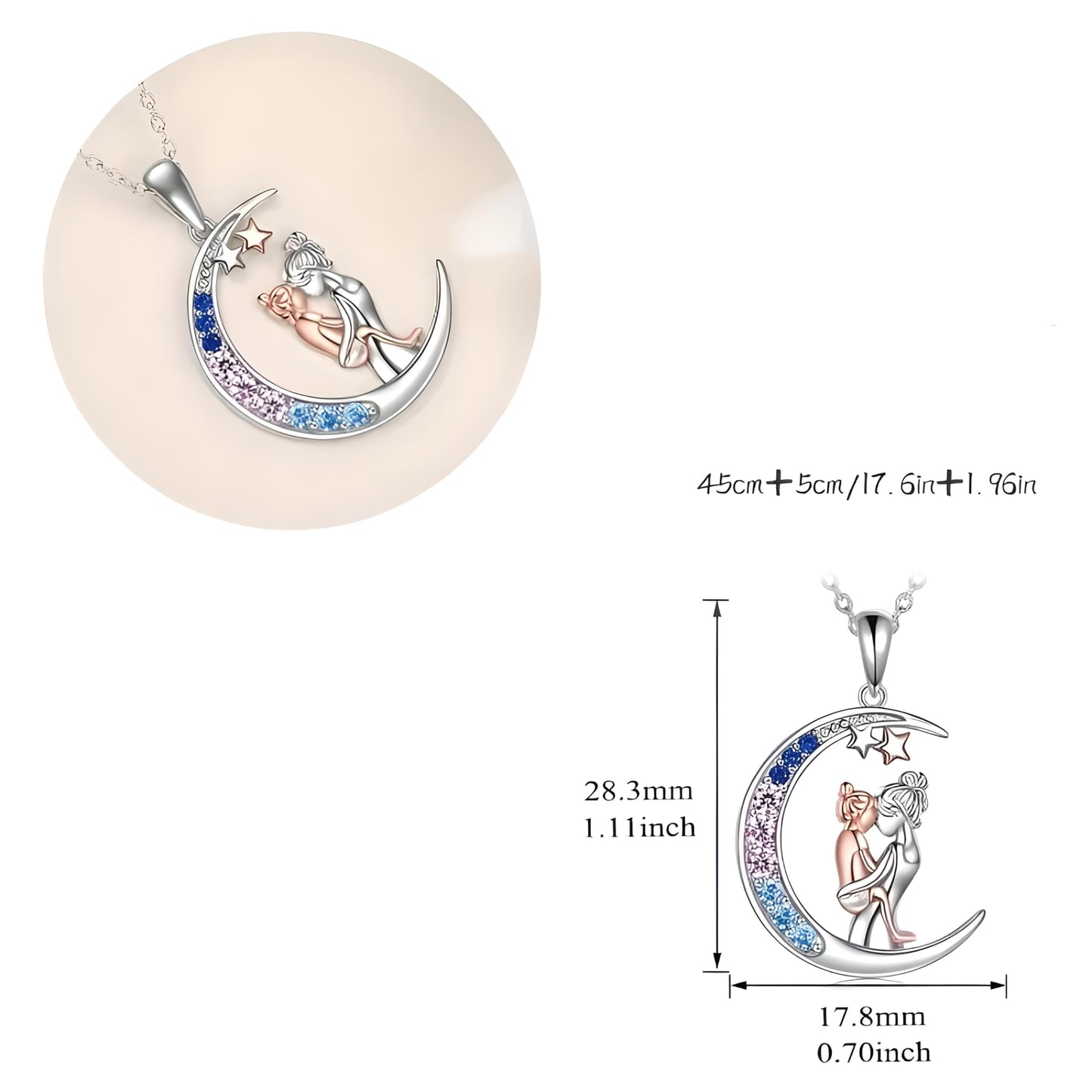 SUPAC Heart-Shaped Mother's Day Necklace, Family + Mother Necklace Options with Crystal Accents, Mother and Daughter Pendant Gift, Silver and Gold-Tone, 'I Love You Always & Forever' Message (Moon)