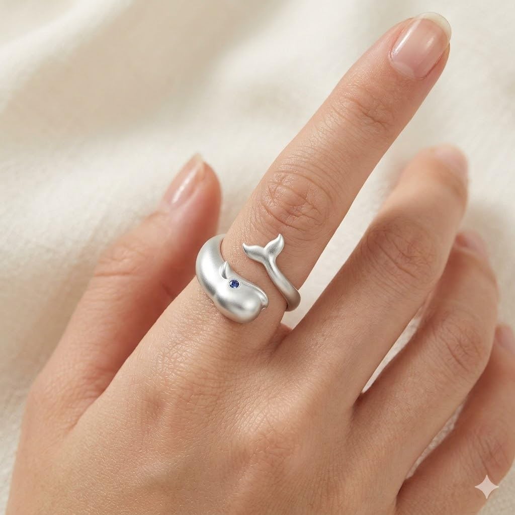 SUPAC Stainless Steel Beluga Whale Ring with Blue Crystal Eye, Ocean Theme Marine Life Jewelry - Beluga Gift