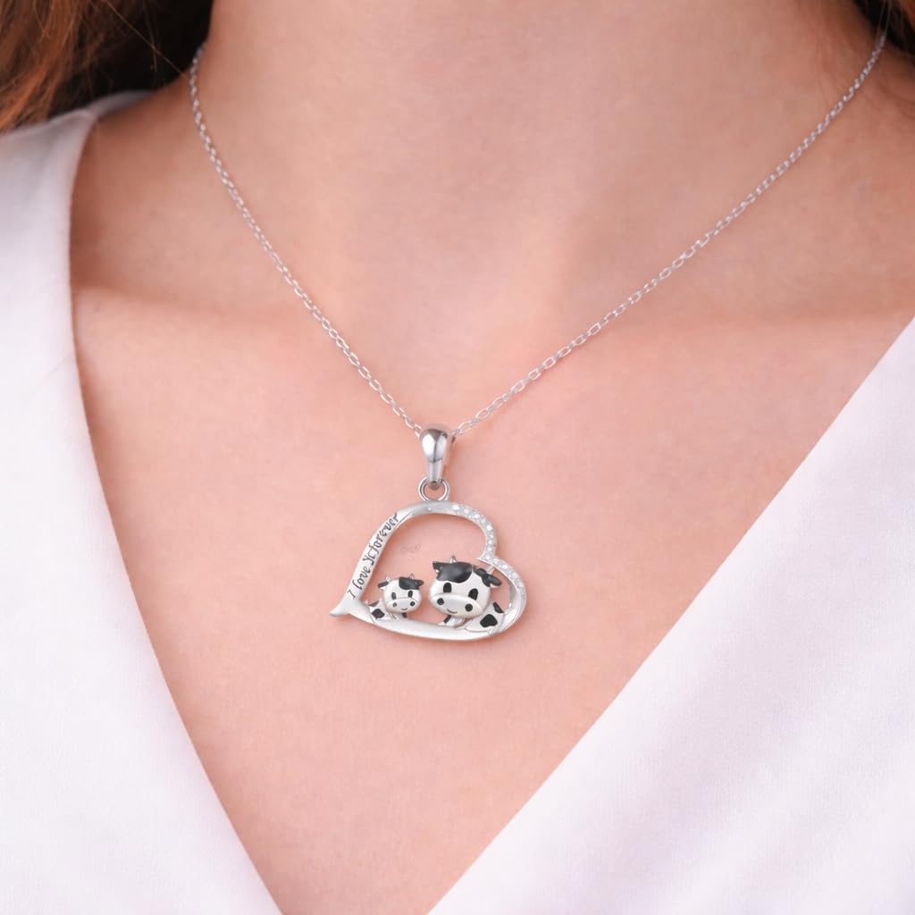 Blue Heart Shaped Mother and her Calf Cow Pendant Necklace for Women - Mother's Day Gift, Christmas, or Birthday Gift