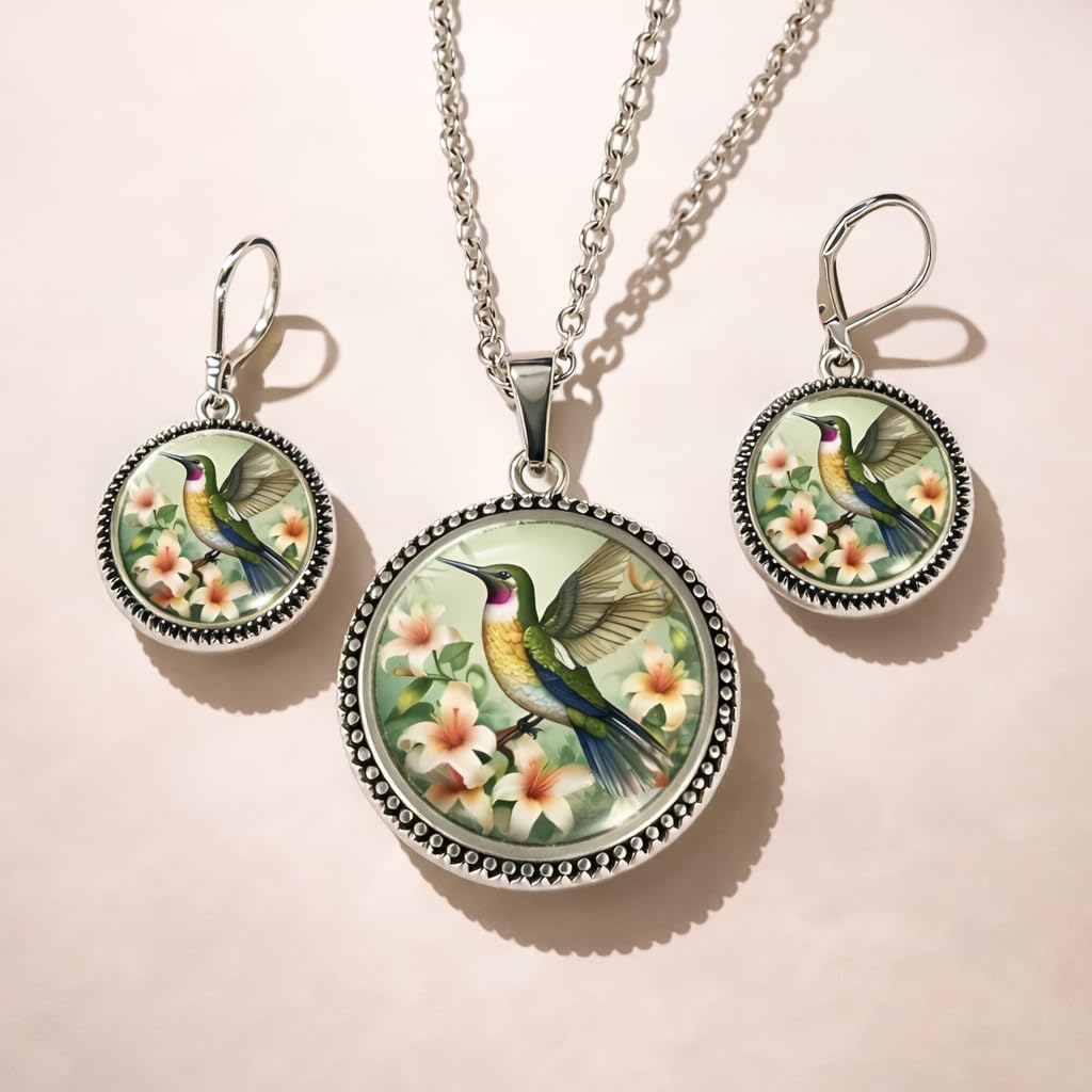 SUPAC Stunning Hummingbird Pendant Necklace - Two Humming Birds Searching for Flower - Fashionable Alloy Jewelry with Delicate Details - Birthday, Party, Gift Idea for Her