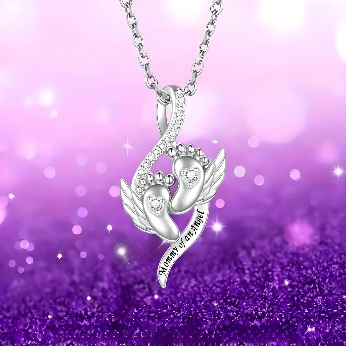 Angel Footprints, Memorial Gift for Mothers - Pendant Necklace with Acrylic Stones, Alloy Fashion Jewelry, White K Plated Chain, Gift for Family and New Moms- 'Mommy of an Angel'
