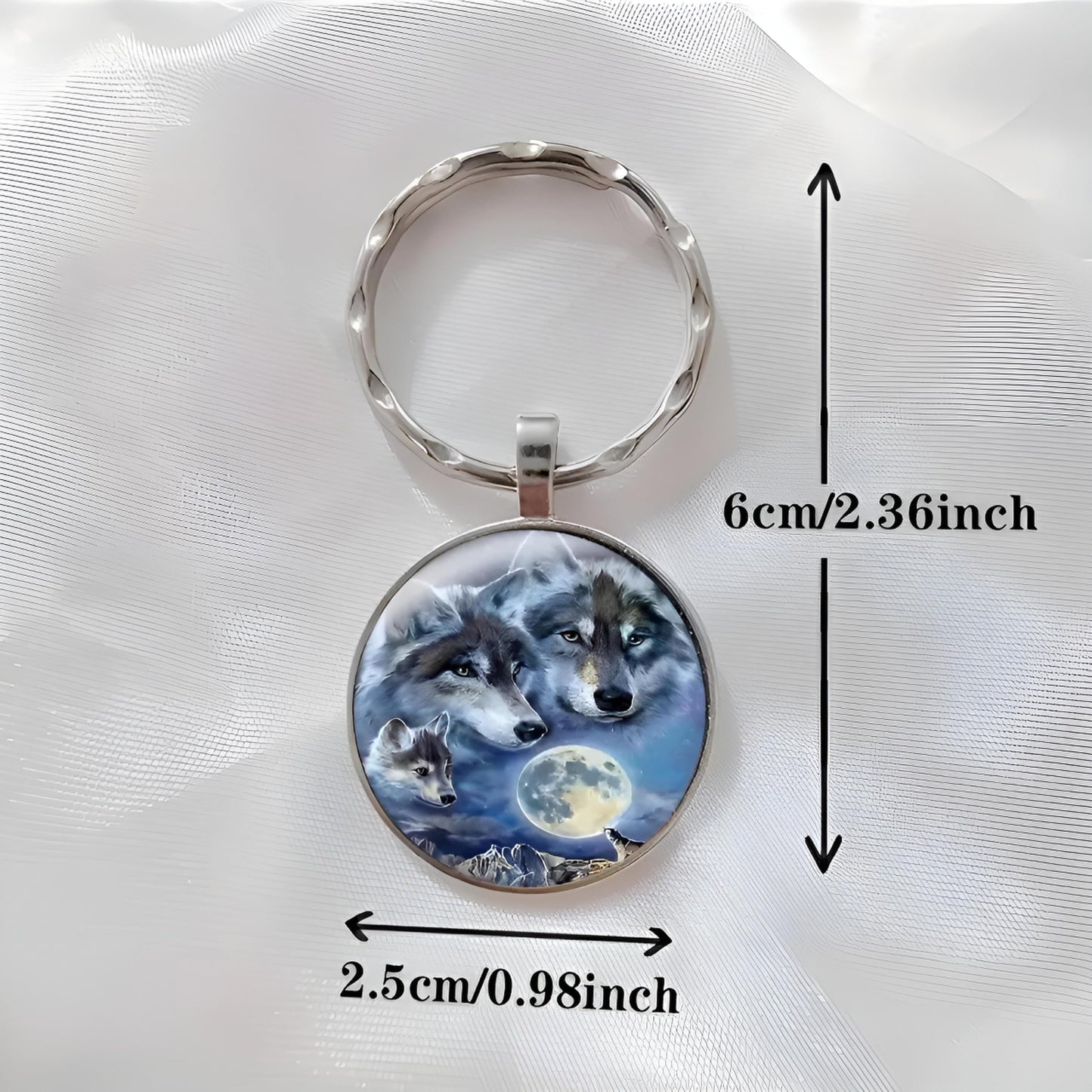SUPAC Mountain Sunset Stained Glass Art Keychain, Nature Scene Design, Round Pendant (Wolf Hug)