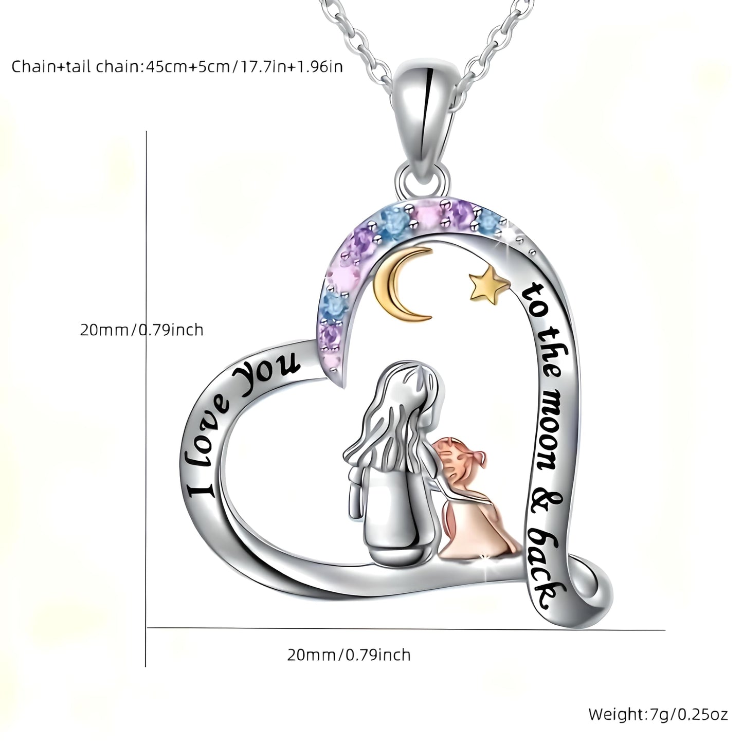 Heart-Shaped Mother's Day Necklace, Family + Mother Necklace Options with Crystal Accents, Mother and Daughter Pendant Gift, Silver and Gold-Tone, 'I Love You Always & Forever' Message (Colorful)