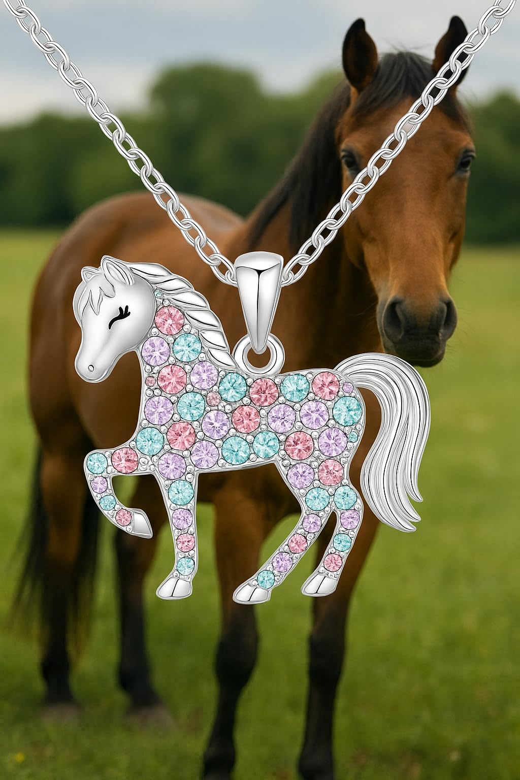 SUPAC Crystal Horse Pendant Necklace, Pink and Blue Rhinestones, Silver Chain, 17.6 inches