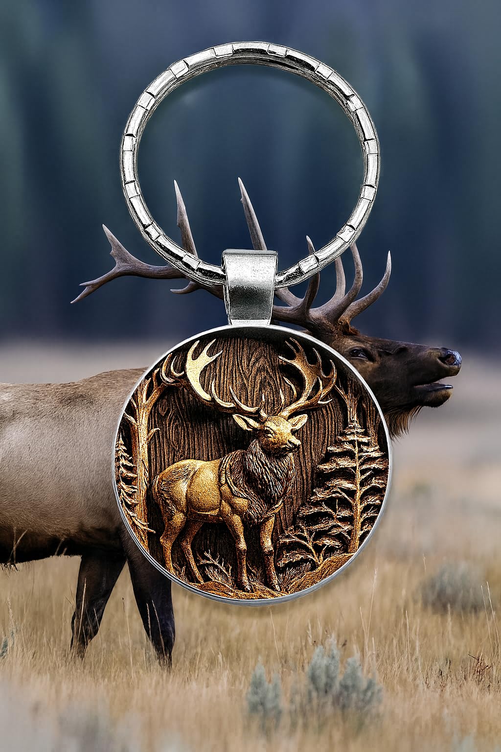 SUPAC Mountain Sunset Stained Glass Art Keychain, Nature Scene Design, Round Pendant (Vintage Elk)