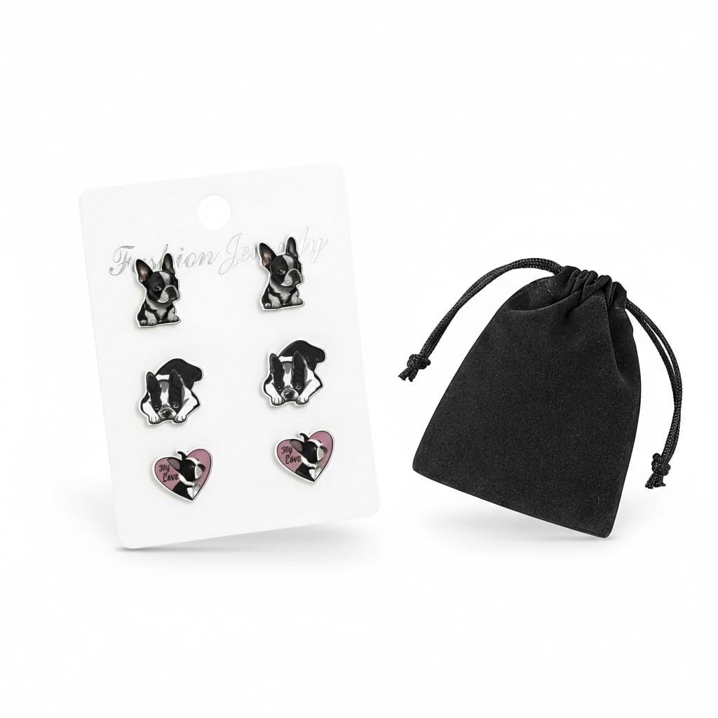 Boston Terrier Stud Earrings Set, Black and White Dog Design with Heart Charm, 3 Pairs