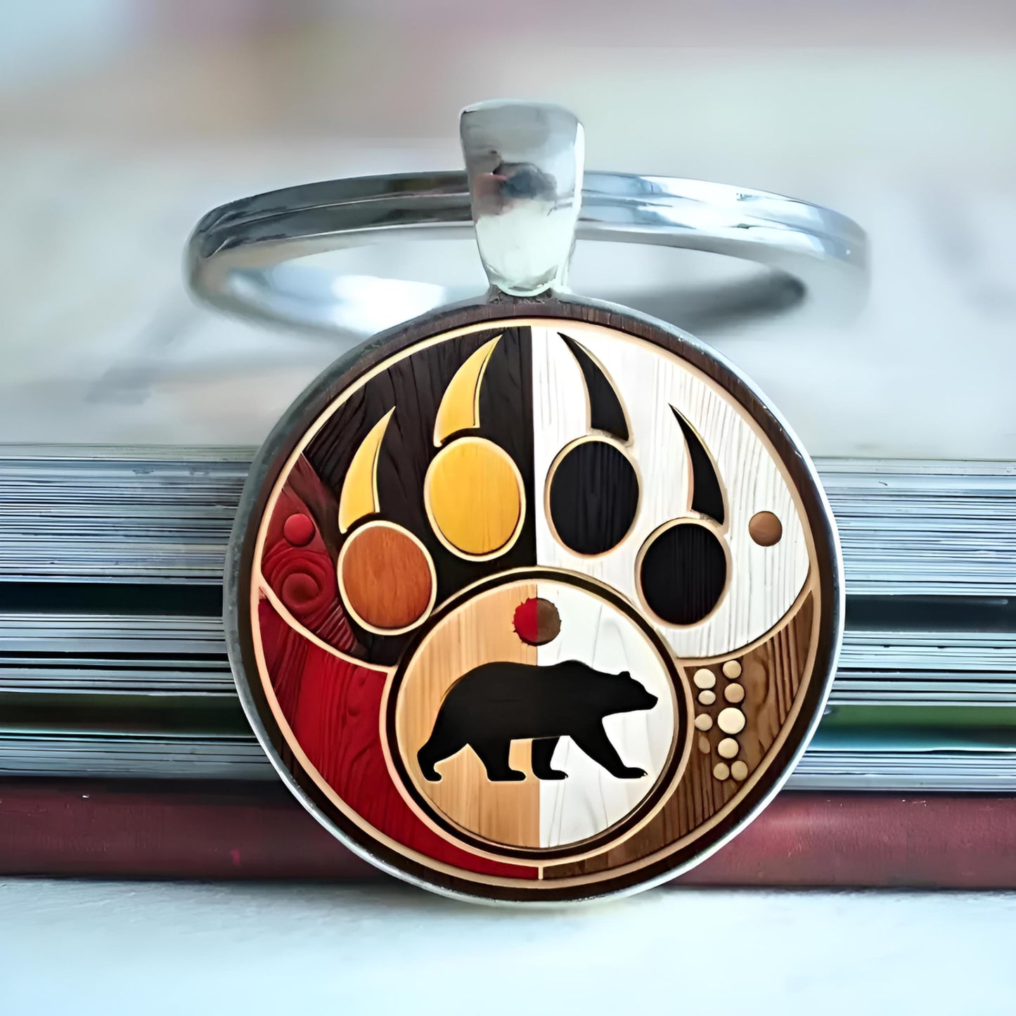 SUPAC 1pc Unique Bear With Forest Background Shaped Metal Keychain - Fashionable Circular Animal Keyring for Men and Friends