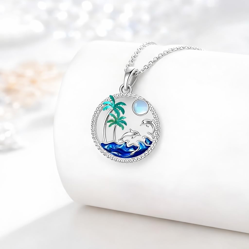 SUPAC Tropical Beach Pendant Necklace, Stainless Steel Dolphin and Palm Tree Design, 19.7 Inch Chain