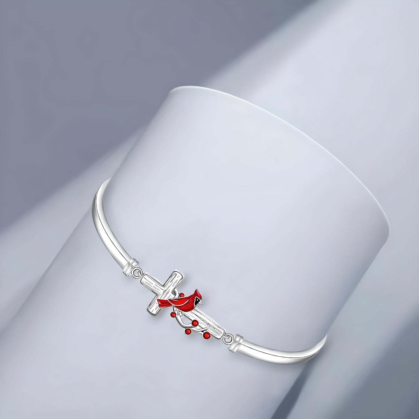Cardinal Cross Bangle Bracelet, Silver Tone with Red Bird Design, 0.75 inch Charm