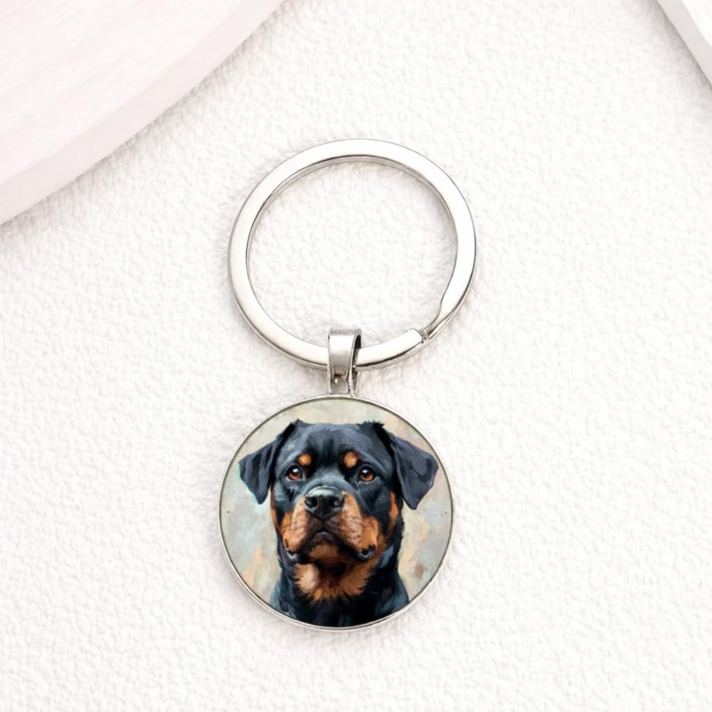 SUPAC Dog Lovers' Keychain, Different Puppy Breeds Portrait Round Glass Keychain, Silver Metal Frame, 1.06 Inch Diameter