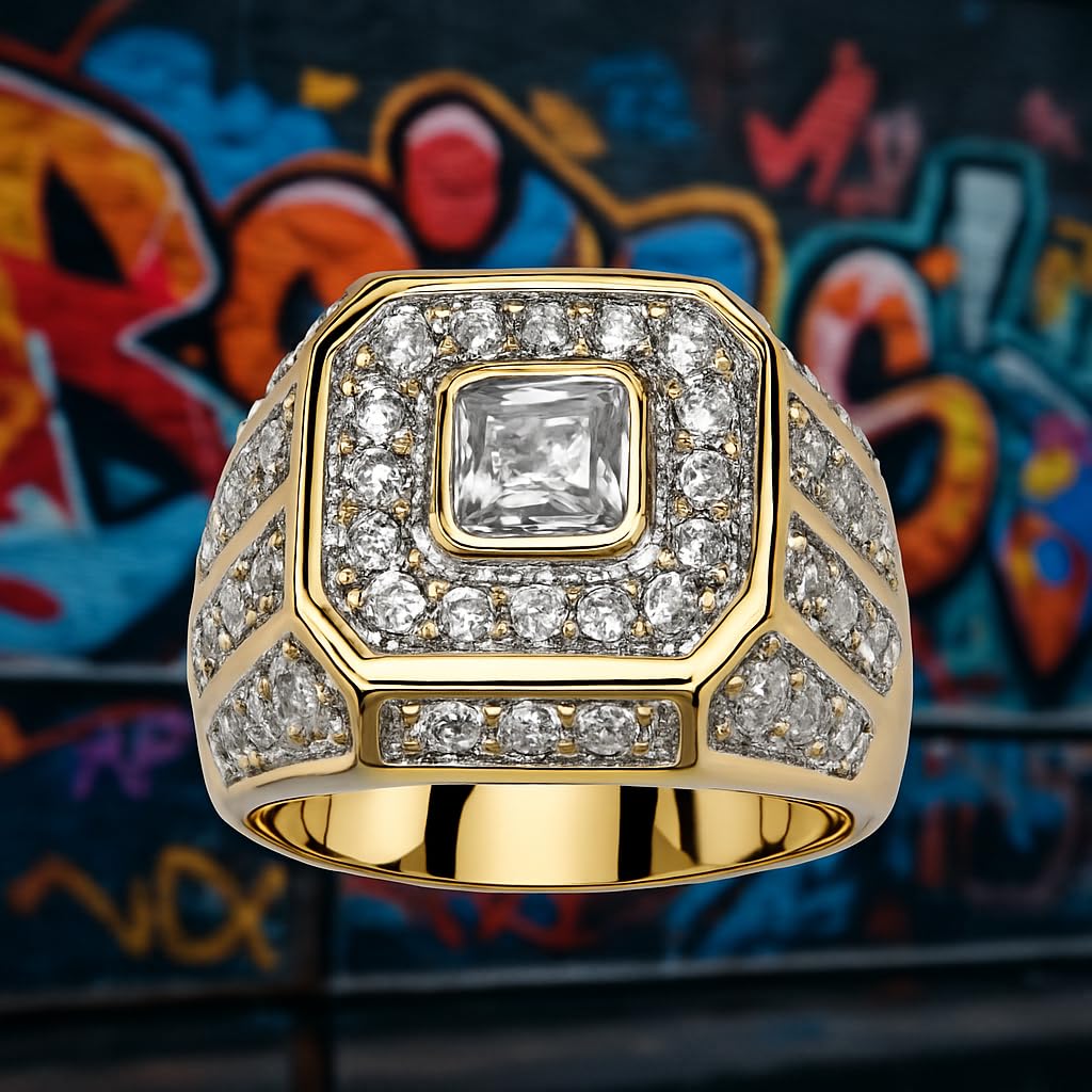 SUPAC Men's Party Ring with Rhinestone Gems: Alloy-crafted, Silver-Plated for Exquisite Shine - the Ideal Hip-Hop Style Accessory for Social Events & Daily Wear (8), Gold