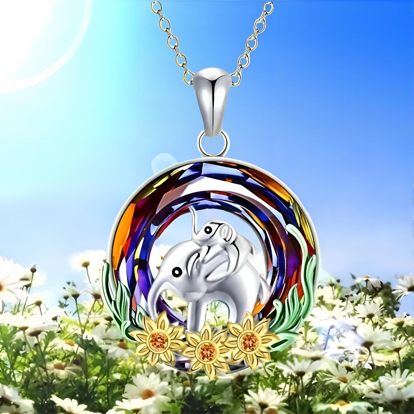 Stainless Steel Animal Pendant Necklace Set, Elephant with Sunflower, Hummingbird, Cat Design, Multi-Color Crystal (Elephant)