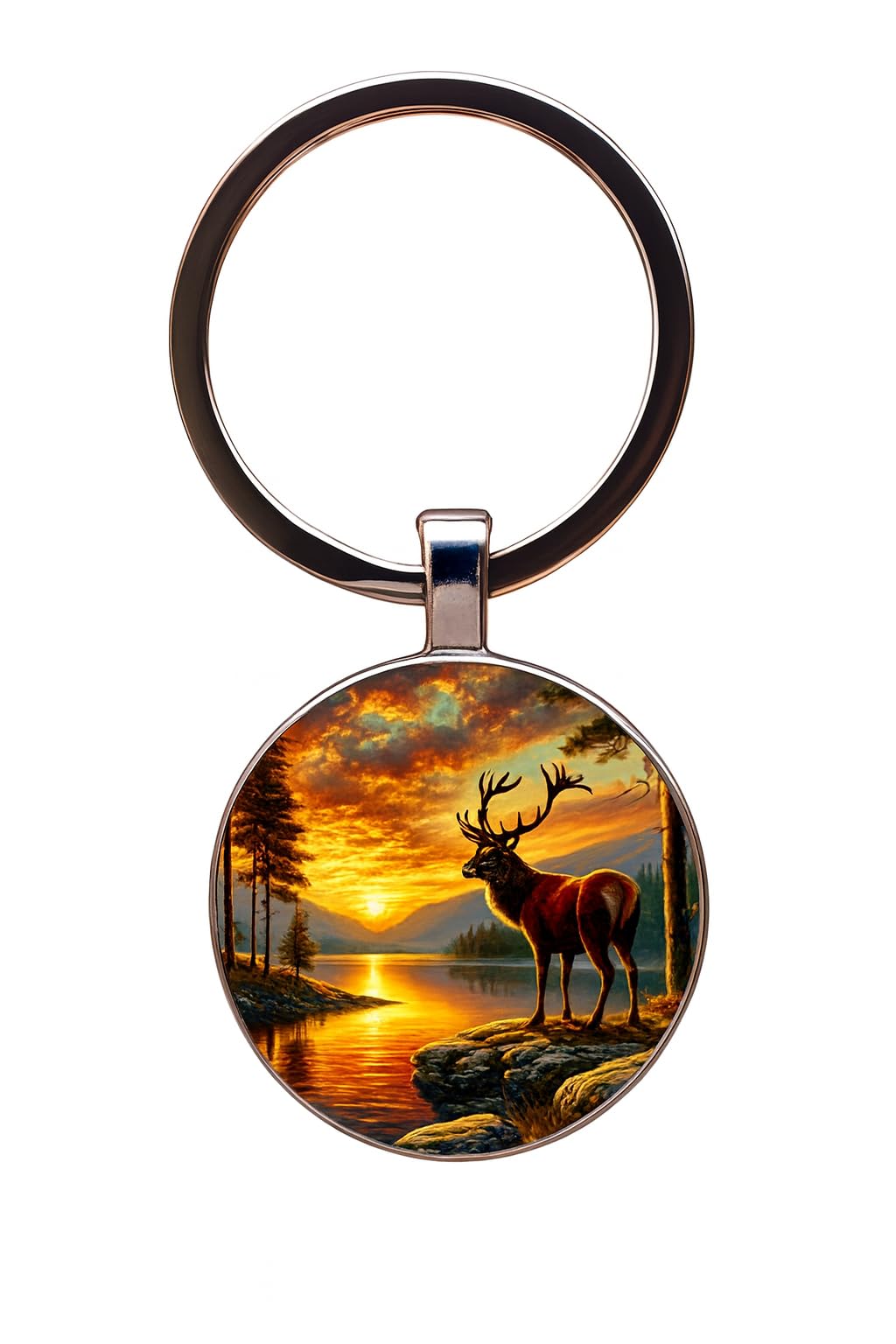 SUPAC Mountain Sunset Stained Glass Art Keychain, Nature Scene Design, Round Pendant (Rustic Deer & Sunset)