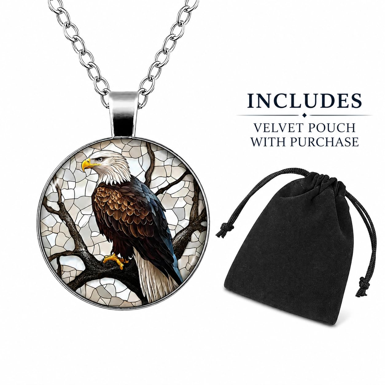 SUPAC Bald Eagle Glass Pendant Necklace, 1.38 inch Oval Medallion, 17.7 inch Chain - Eagle Necklace Gift