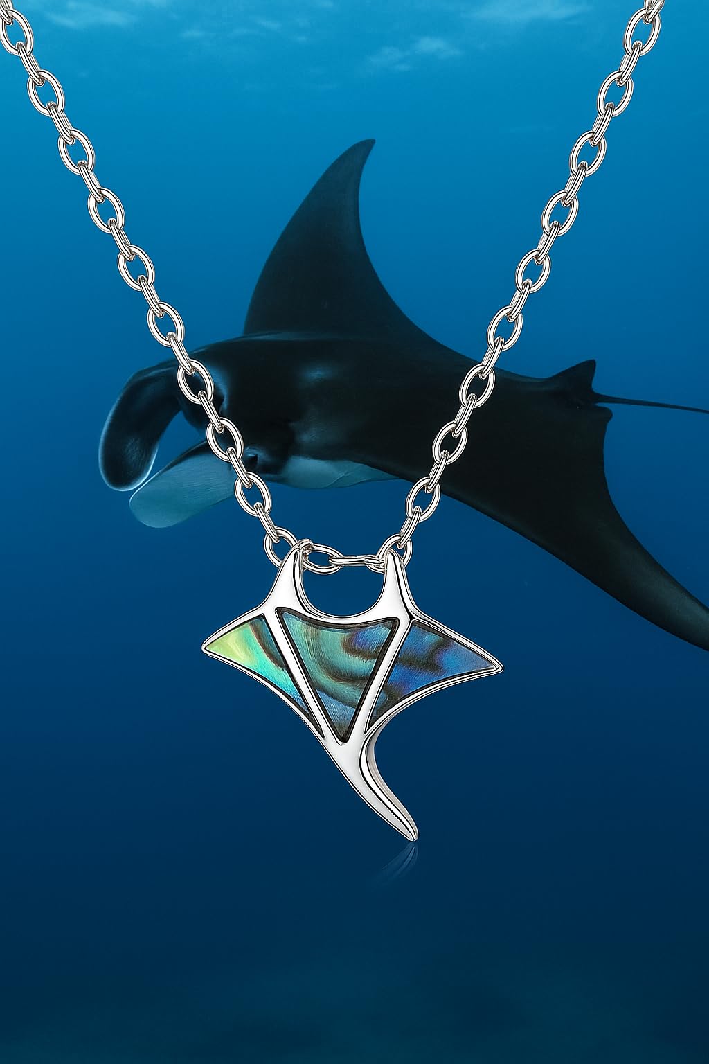 SUPAC Stainless Steel Manta Ray Pendant Necklace with Abalone Shell Inlay, 15.75 Inches Chain