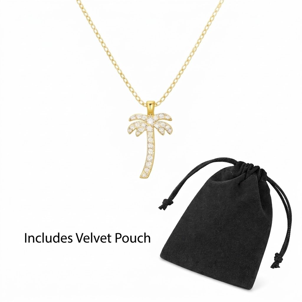 SUPAC Crystal Palm Tree Pendant Necklace, 18.7 Inch Gold Chain, Rhinestone Tropical Charm