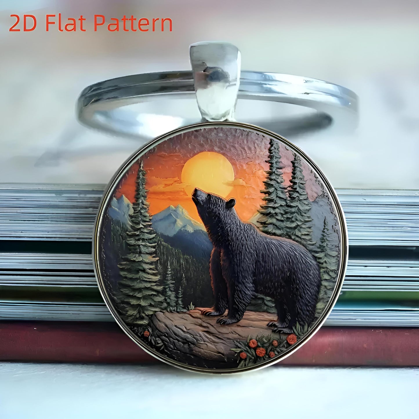 SUPAC 1pc Unique Bear With Forest Background Shaped Metal Keychain - Fashionable Circular Animal Keyring for Men and Friends