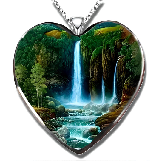 Waterfall Heart Pendant Necklace, Scenic Landscape Design - Beautiful Glass Heart, Birthday, Holiday, or Christmas Gift