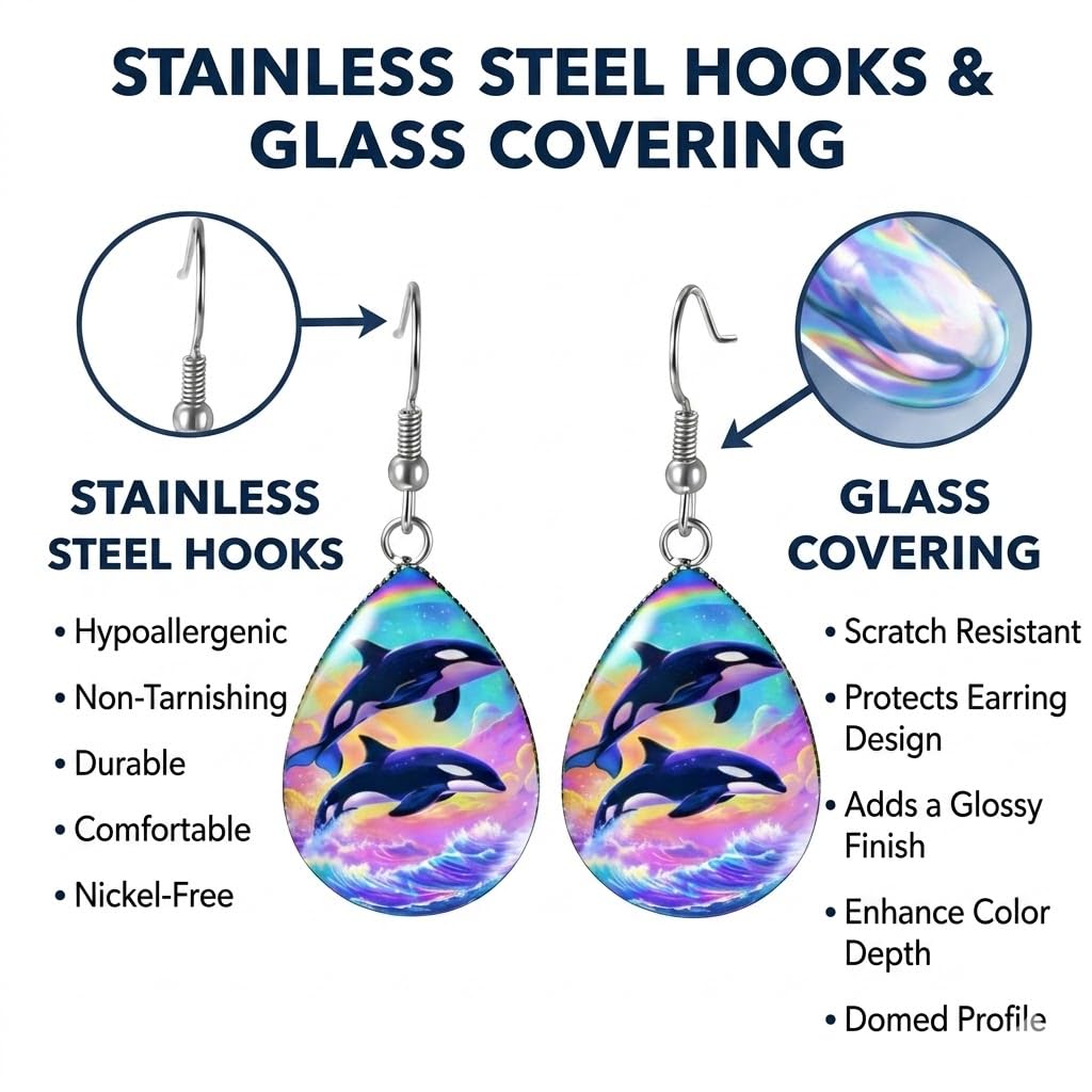 Rainbow Orca Teardrop Dangle Earrings, Colorful Killer Whale Design, Glass Covered, Hypoallergenic Stainless Steel Hooks, 1.77 Inch