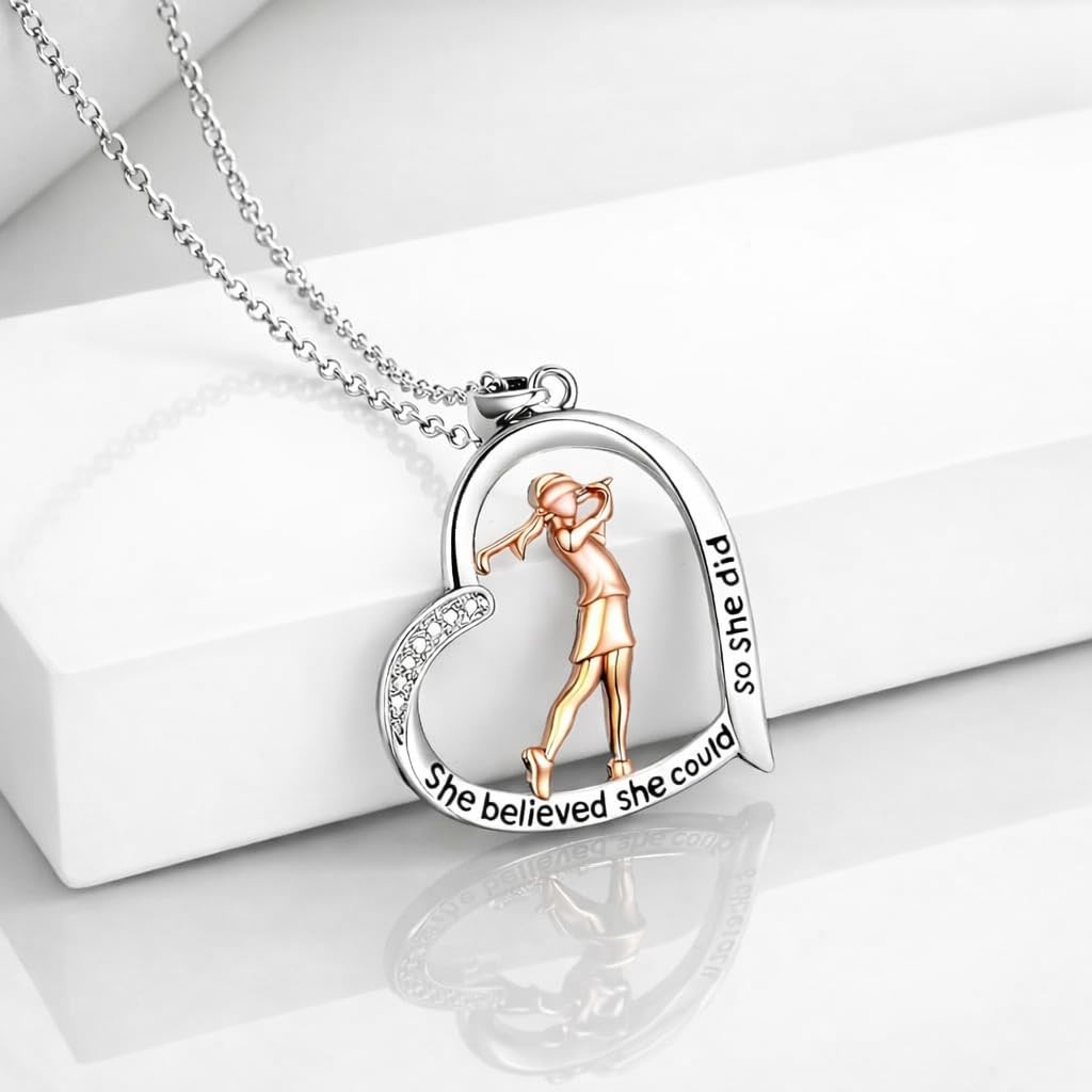 SUPAC Creative Sports Golf Girl Heart-shaped Pendant Necklace, Elegant Golf Jewelry, Birthday Party Christmas Gift: She believed she could so she did