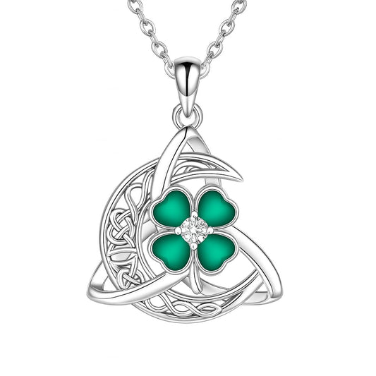 SUPAC Celtic Trinity Knot Four Leaf Clover Necklace, Sterling Silver, Green Enamel
