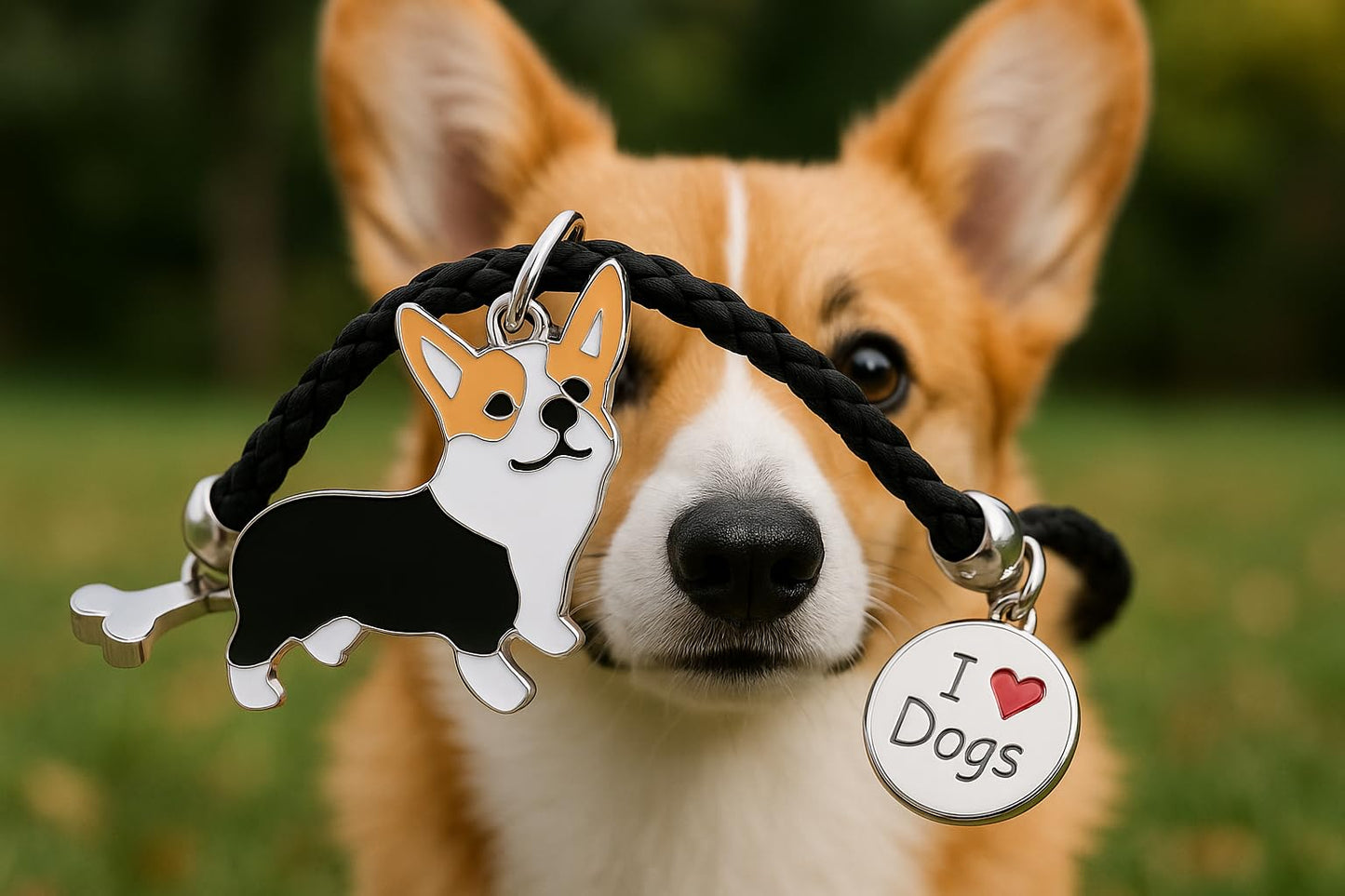 Pet Charm Bracelet with Dog Charms, Black Braided Band, I Love Dogs Design - Dog Lovers' Bracelet - Different Breeds of Dogs, Pet Lover Gift for Birthday and Holiday, Durable and Long-Lasting, Hypoallergenic and Nickel-Free, Everyday Wear (Corgi Pembroke)