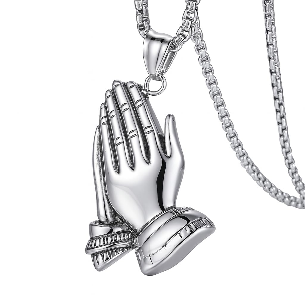 Exquisite Silver Prayer Hands Necklace - A Symbol of Faith, Elegance, and Spiritual Connection - 1pc Prayer Hands Stainless Steel Chain Pendant