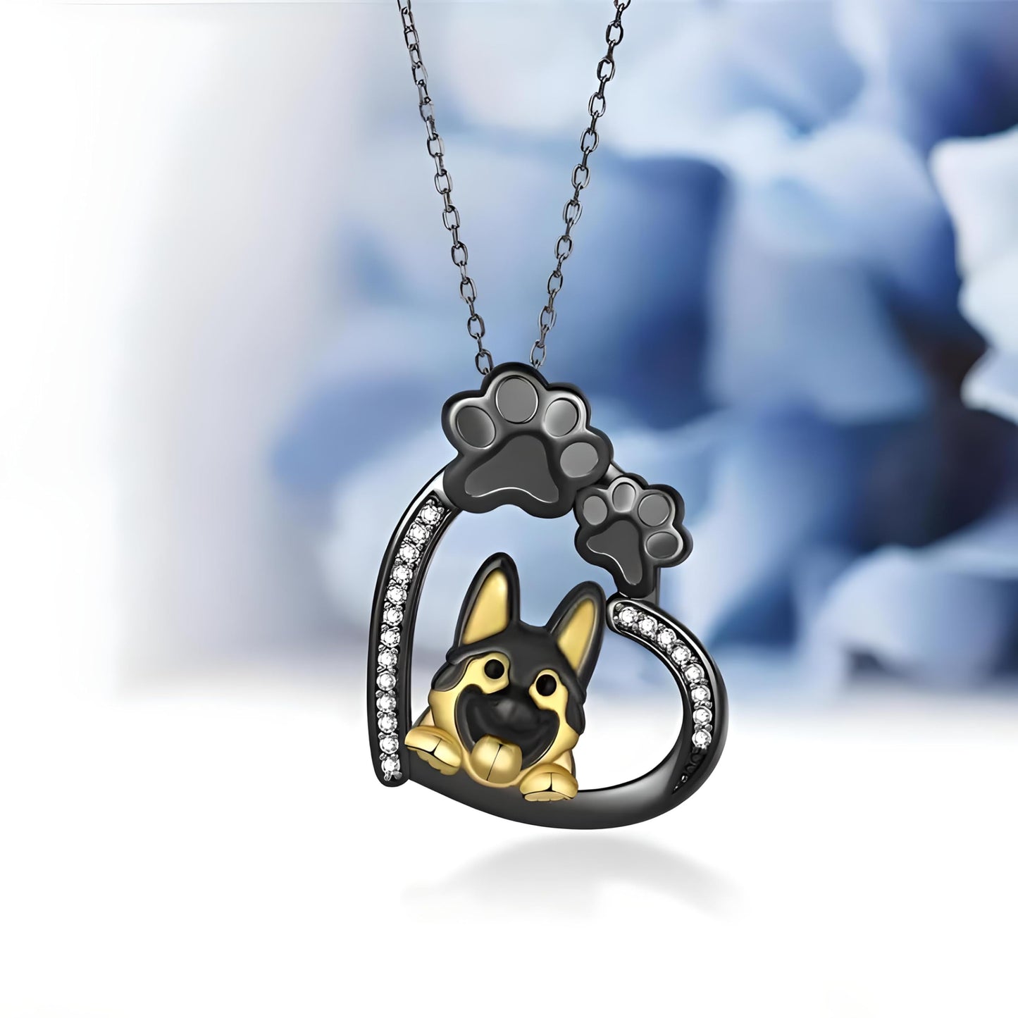 SUPAC Dog Breeds Necklace, German Shepherd, Labrador Retriever, Heart Pendant Necklace, Black and Gold, Crystal Paw Print Design, Dog Lovers Gift