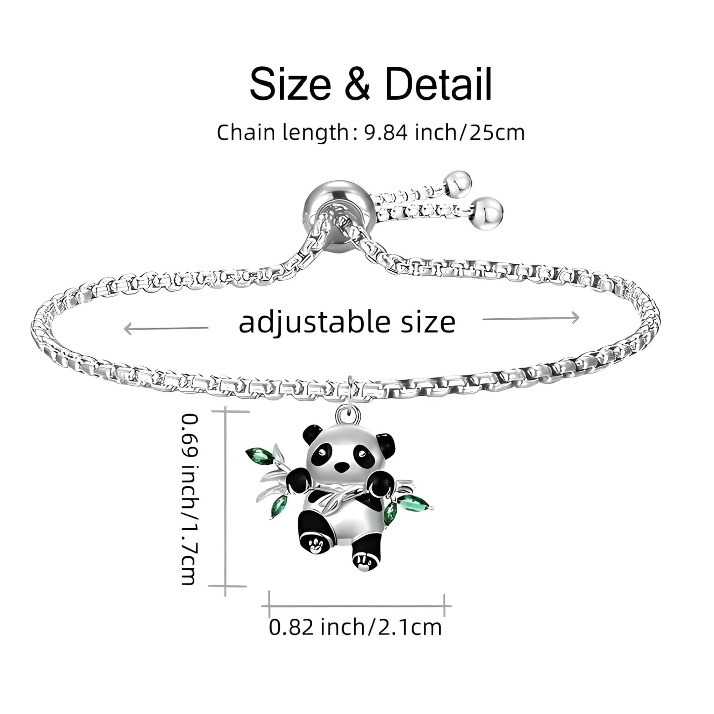 Panda Jewelry Set with Necklace, Earrings, Bracelet and Keychain, Silver with Green Crystal Bamboo Leaves