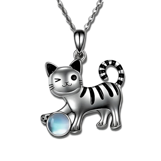 Winking Cat Pendant Necklace Playing With Blue Ball, Sterling Silver Chain, Moonstone Ball Charm - Cat Lovers' Gift
