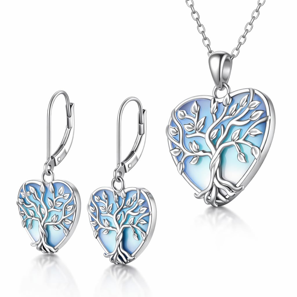 SUPAC Tree of Life Jewelry Set, Blue Crystal Heart Design, Silver-Tone Necklace Bracelet Earrings Keychain, 4-Piece Set