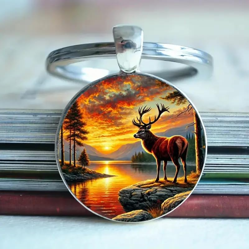 Mountain Sunset Stained Glass Art Keychain, Nature Scene Design, Round Pendant (Rustic Deer & Sunset)