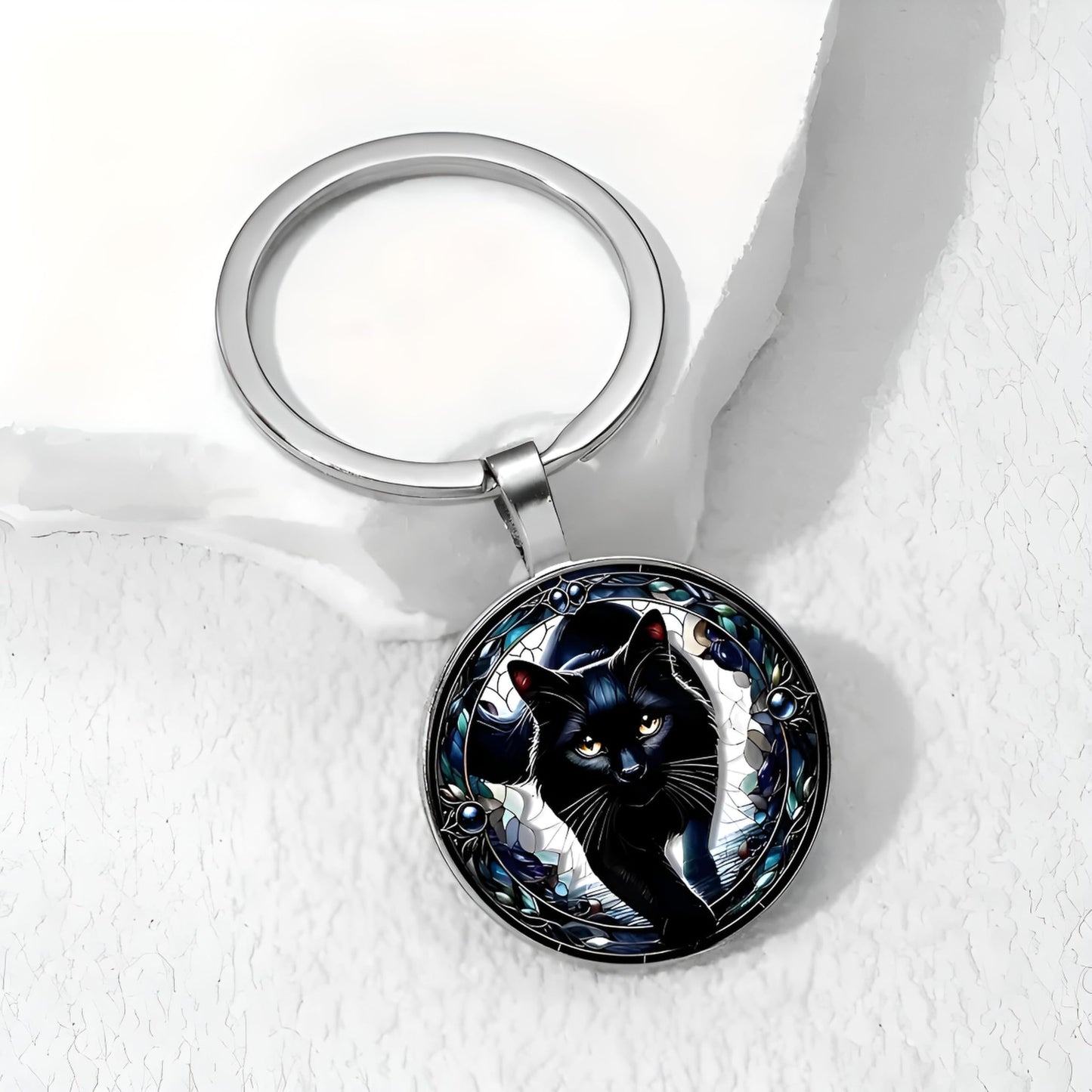 SUPAC Mystic Cat Art Glass Pendant Keychain, Double-Sided Round Design, Floral Pattern, Silver Keyring, Black Brown Kitten